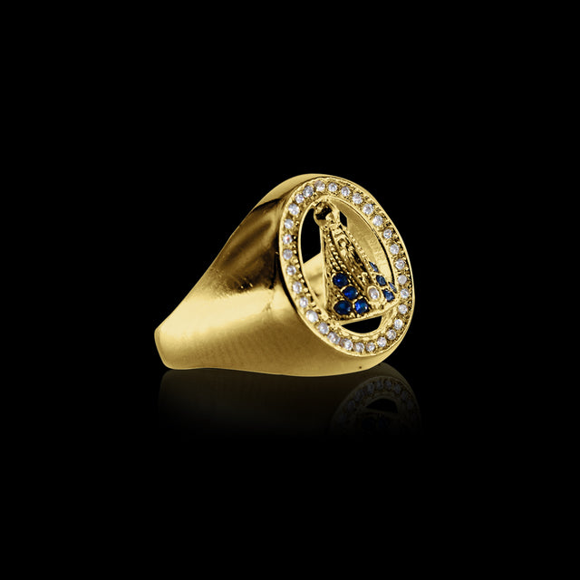 Anel Oval Nossa Senhora Cravejado - Banhado a Ouro 18K