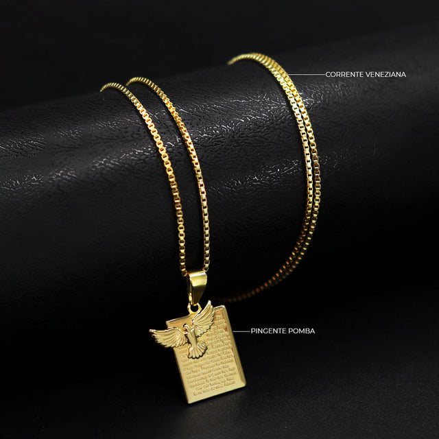 Corrente Veneziana (1mm) - 70cm + Pingente Pomba da Paz Pai Nosso - 1,5cm - Banhado a Ouro 18K