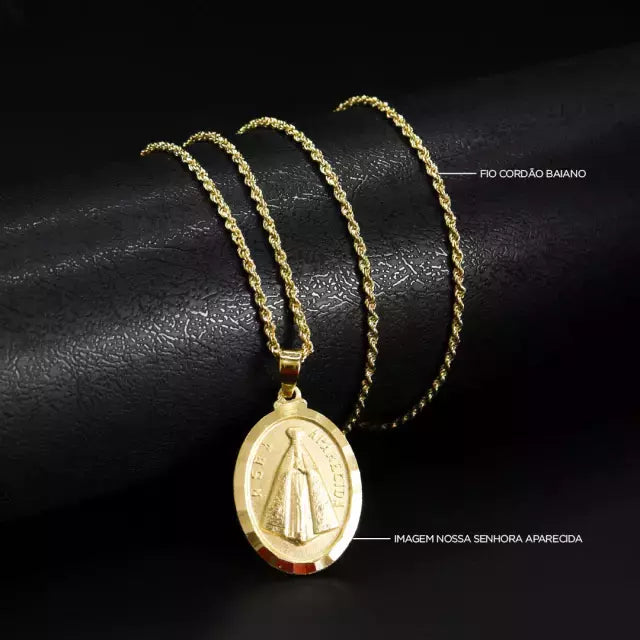 Corrente Cordão Baiano (2mm) 70cm+ Pingente Oval Nossa Senhora - 2,5x2cm - Banhado a Ouro 18K