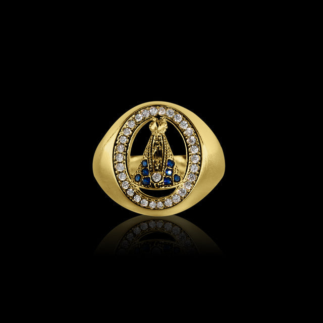 Anel Oval Nossa Senhora Cravejado - Banhado a Ouro 18K