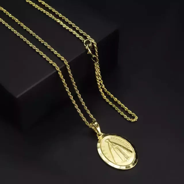 Corrente Cordão Baiano (2mm) 70cm+ Pingente Oval Nossa Senhora - 2,5x2cm - Banhado a Ouro 18K
