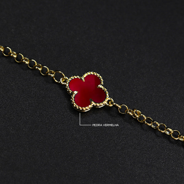 Corrente Trevo Mini Vermelho - 60cm 70cm - Banhado a Ouro 18K