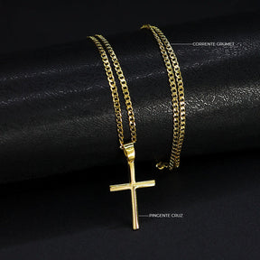 Corrente Grumet (2mm) - 70cm + Pingente Cruz Pequena Lisa - 2,3x1,5cm- Banhado a Ouro 18K