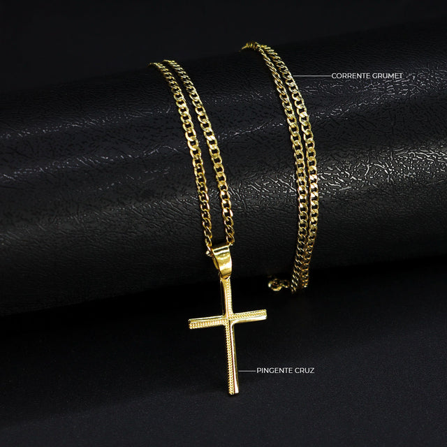 Corrente Grumet (2mm) - 70cm + Pingente Cruz Pequena Lisa - 2,3x1,5cm- Banhado a Ouro 18K