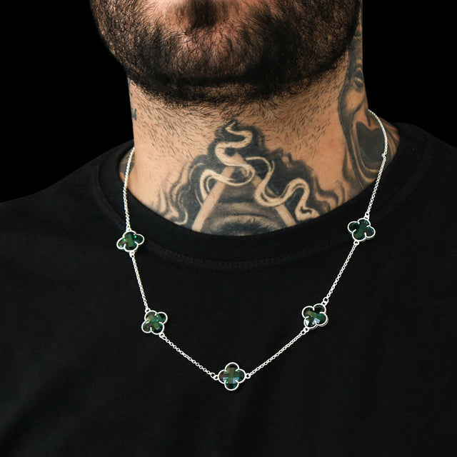 Corrente Trevo Verde - 60cm - Banhado a Prata 925