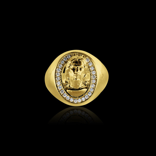 Anel Oval Jesus Cravejado - Banhado a Ouro 18K