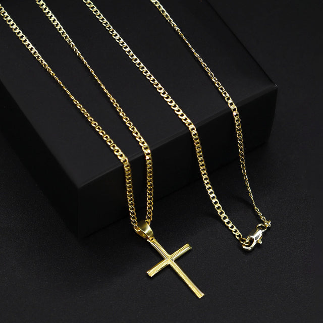 Corrente Grumet (2mm) - 70cm + Pingente Cruz Pequena Lisa - 2,3x1,5cm- Banhado a Ouro 18K
