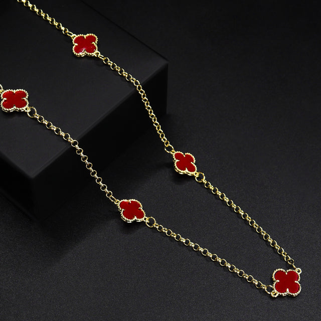 Corrente Trevo Mini Vermelho - 60cm 70cm - Banhado a Ouro 18K