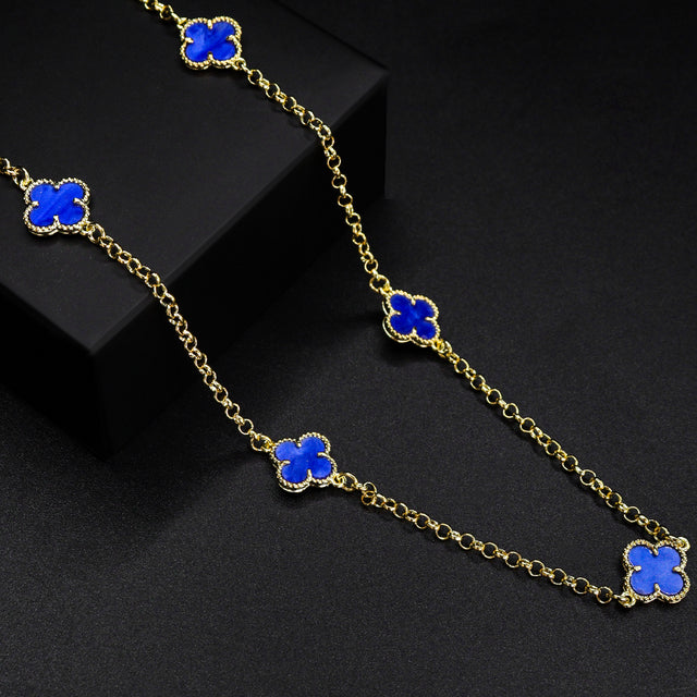 Corrente Trevo Mini Azul - 60cm e 70cm - Banhado a Ouro 18K
