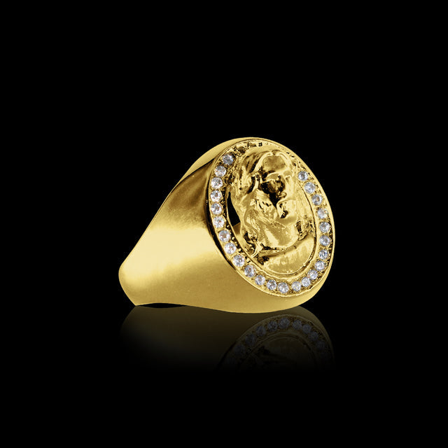 Anel Oval Jesus Cravejado - Banhado a Ouro 18K